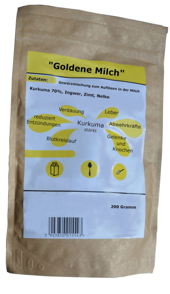 Goldene Milch mit Kurkuma, Ingwer, Zimt, Nelken, Gewürzmischung zum Auflösen, 200g – erwärmt, stärkt das Immunsystem, beugt Erkältung vor,